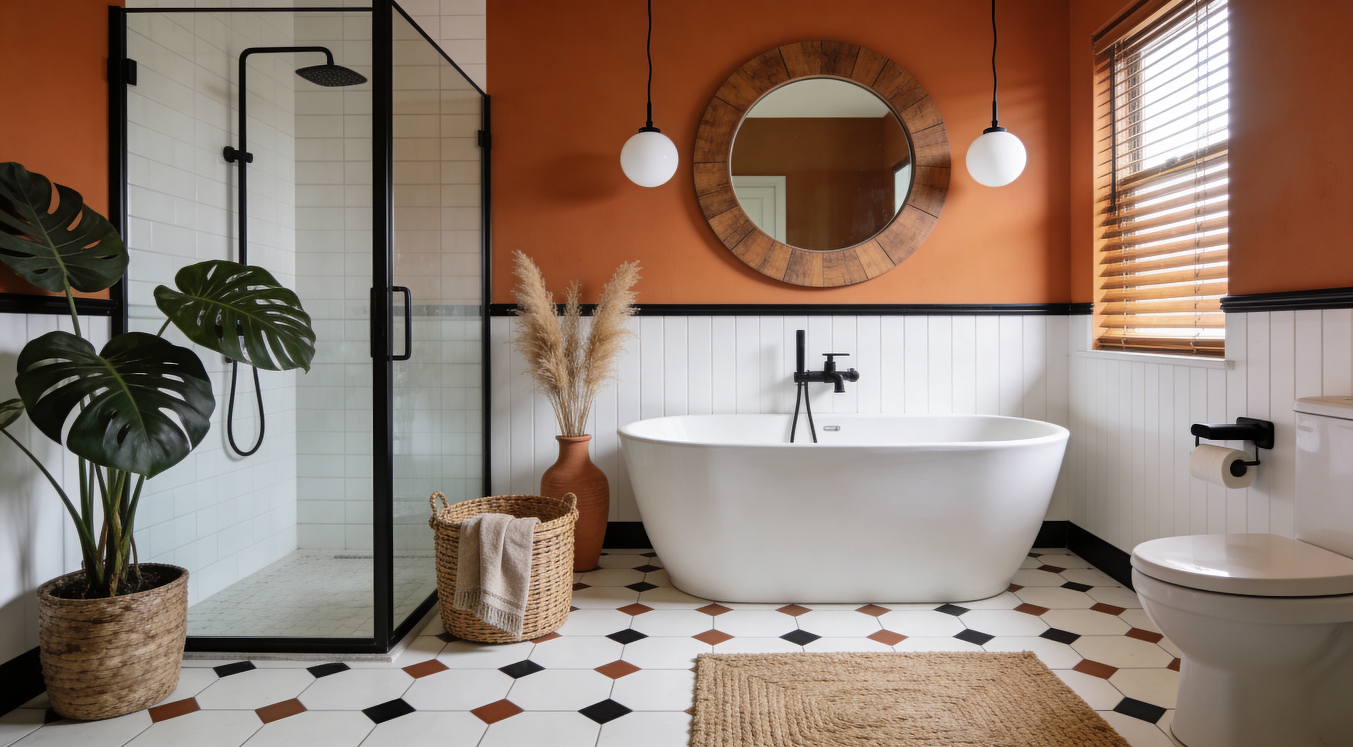 A bathroom with matte black fittings, round mirror, pendant lighting and warm terracotta tones