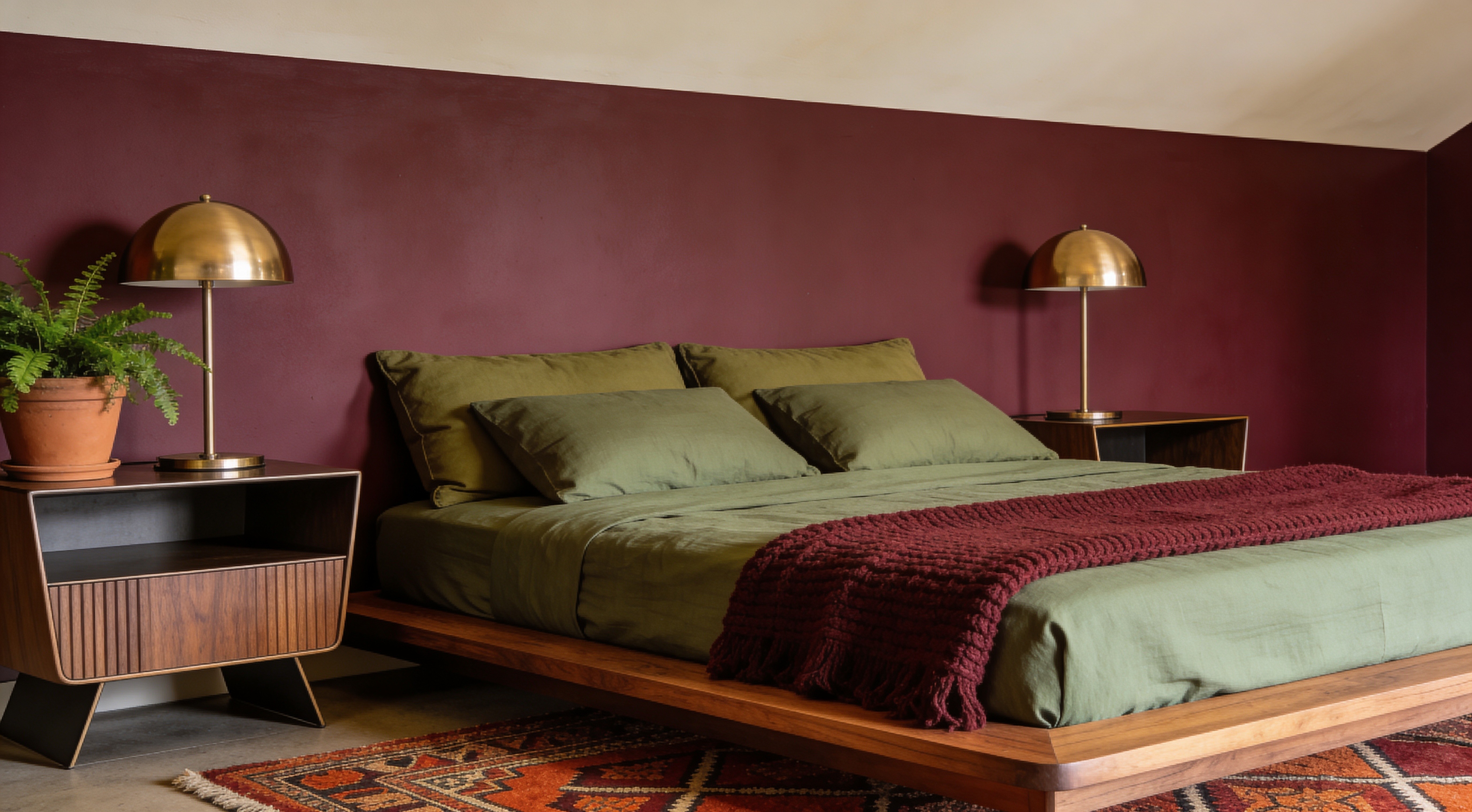 A bedroom with earthy tones — warm cream walls, cocoa headboard, and layered terracotta textiles
