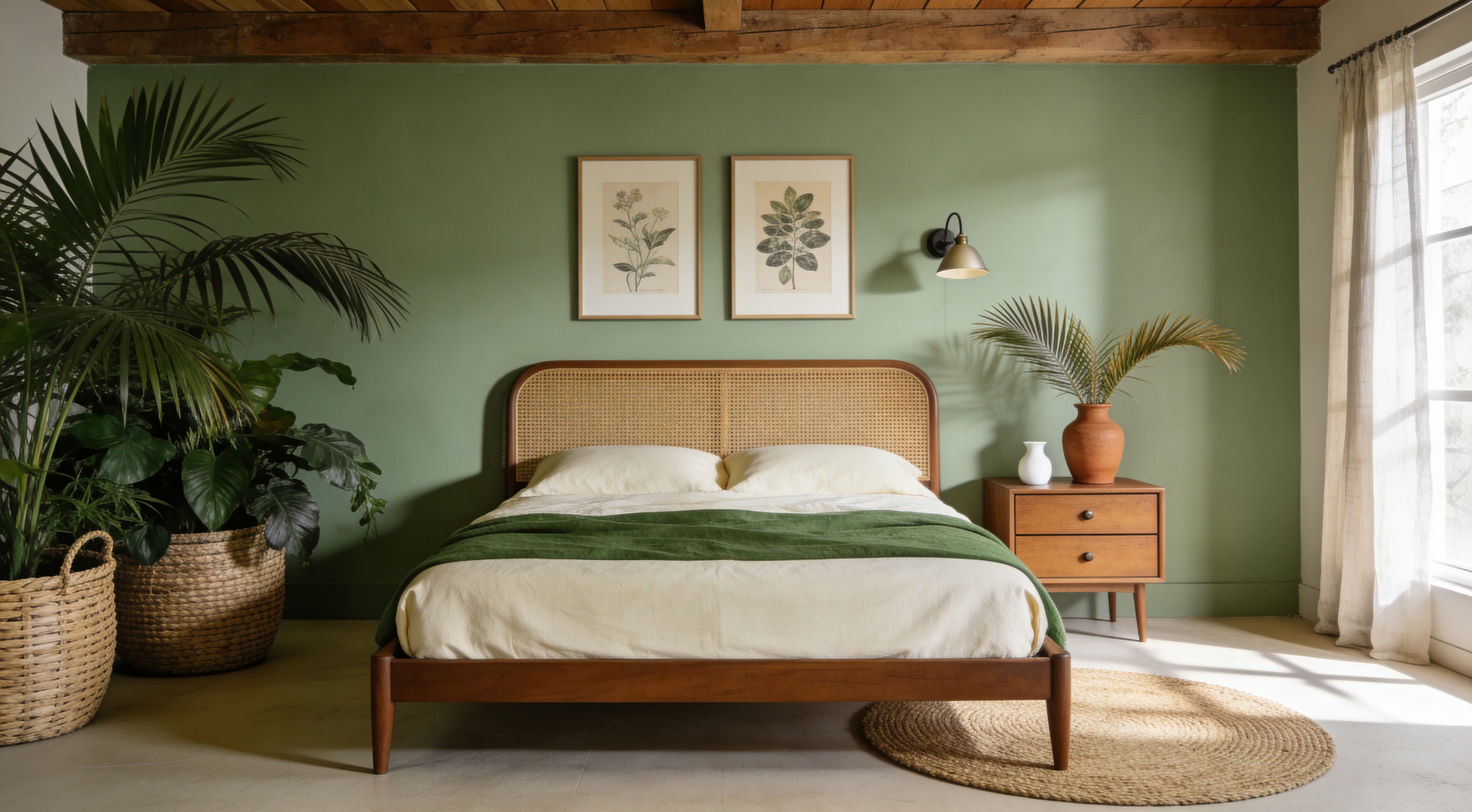 A dramatic upholstered headboard with warm linen bedding and layered pillows