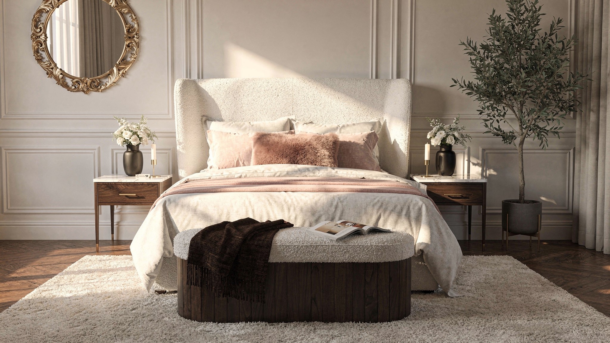 A bouclé headboard paired with a wood-and-bouclé storage bench at the foot of the bed, in a warmer, more romantic bedroom styling