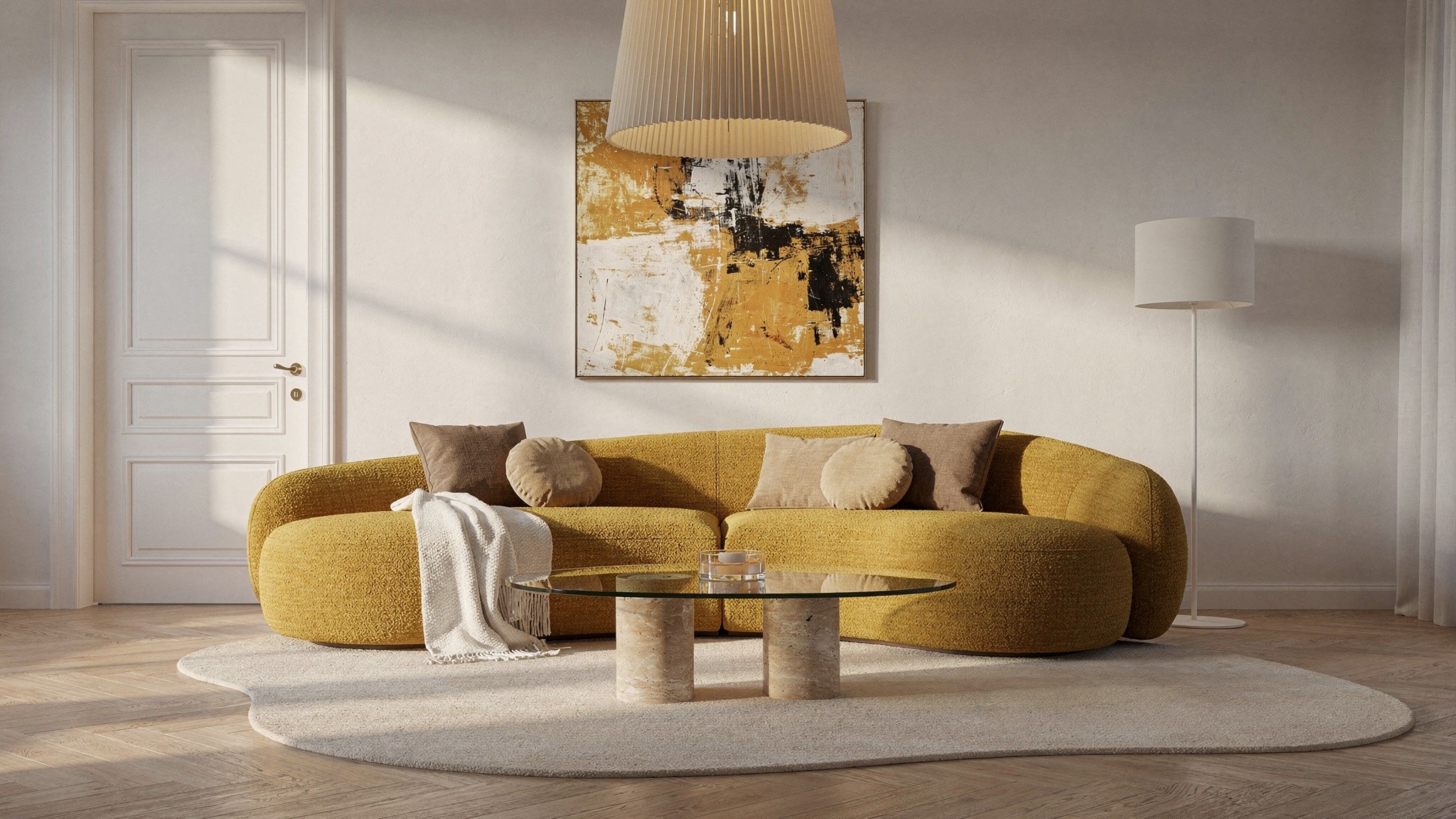 A curved mustard bouclé sectional sofa in daily-use living room, the kind of full-contact piece that needs a performance-rated weave