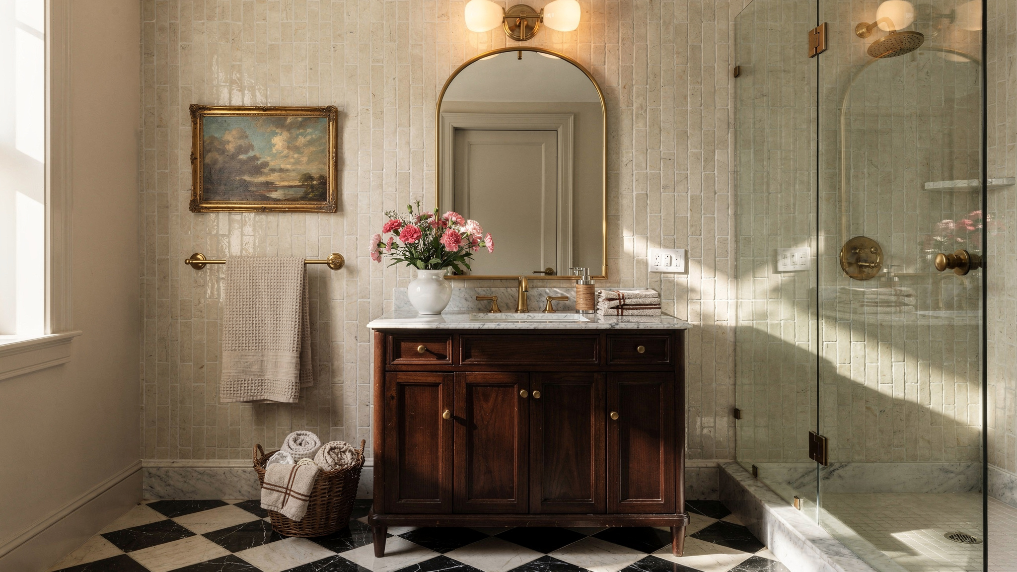 A hallway or kitchen with a beautifully laid checkerboard floor