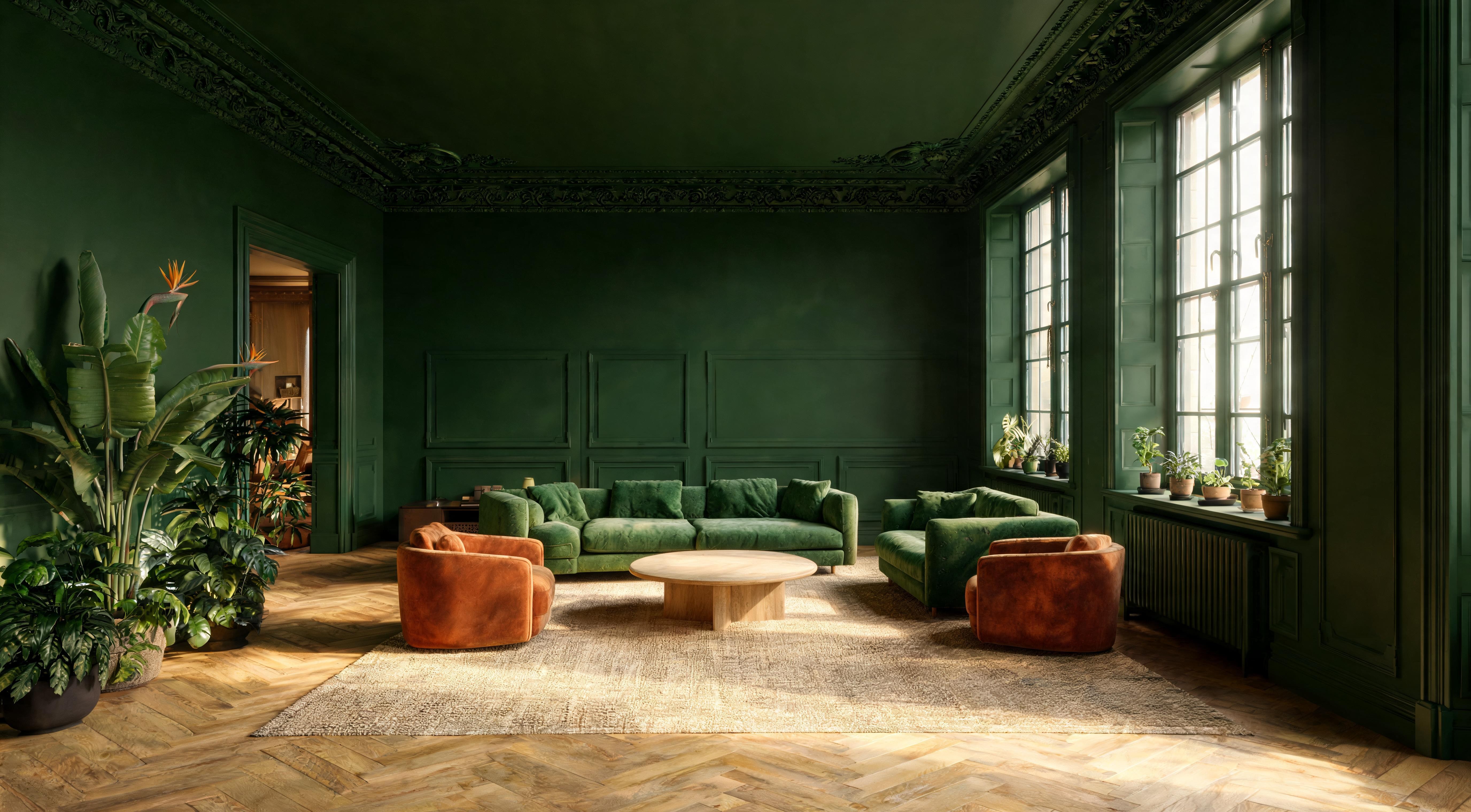 A living room drenched in warm clay with eggshell on the skirting and dead matt on the ceiling, showing the subtle sheen variation between surfaces