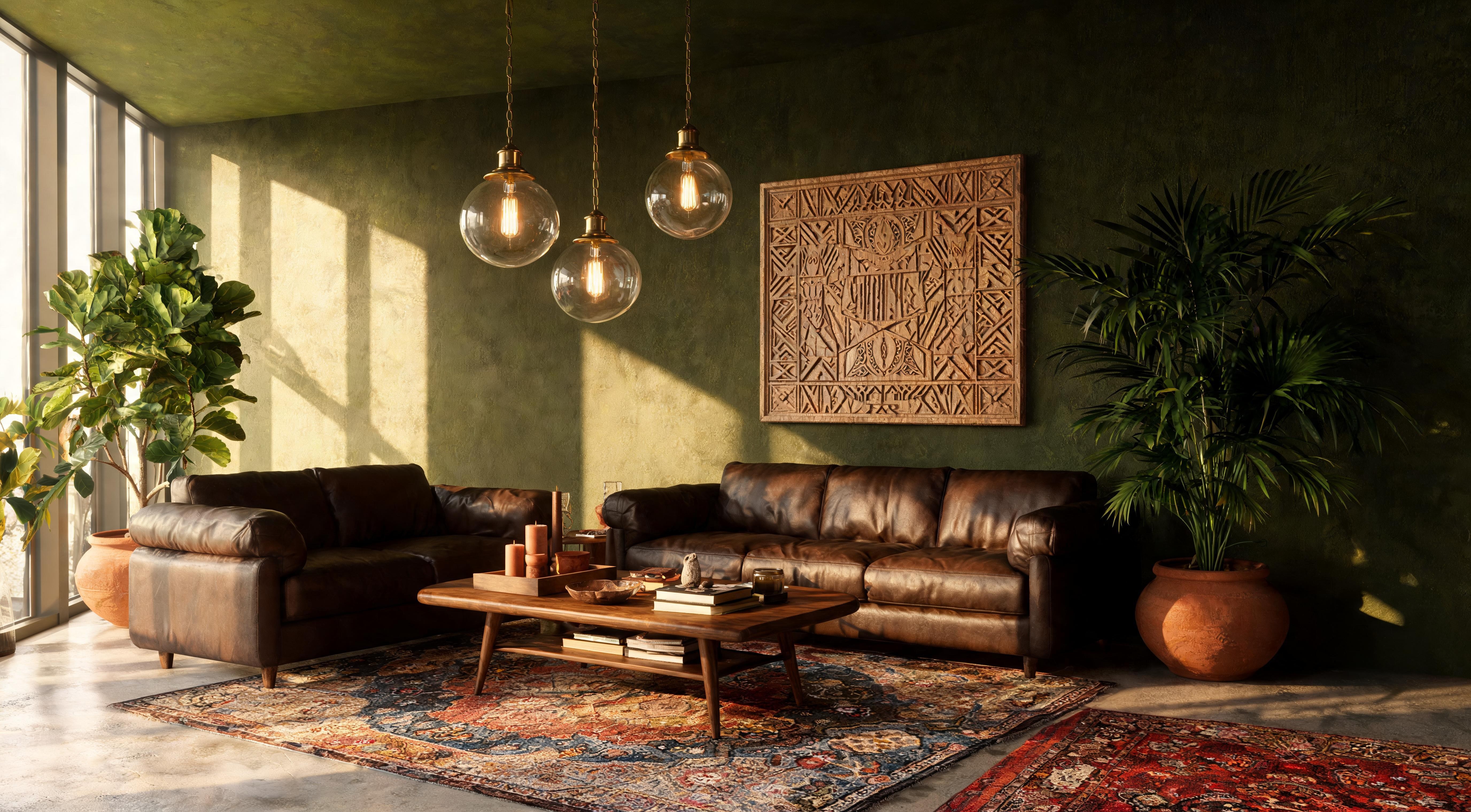 A study drenched in ink navy with brass desk lamp, natural wood desk and cream upholstered chair