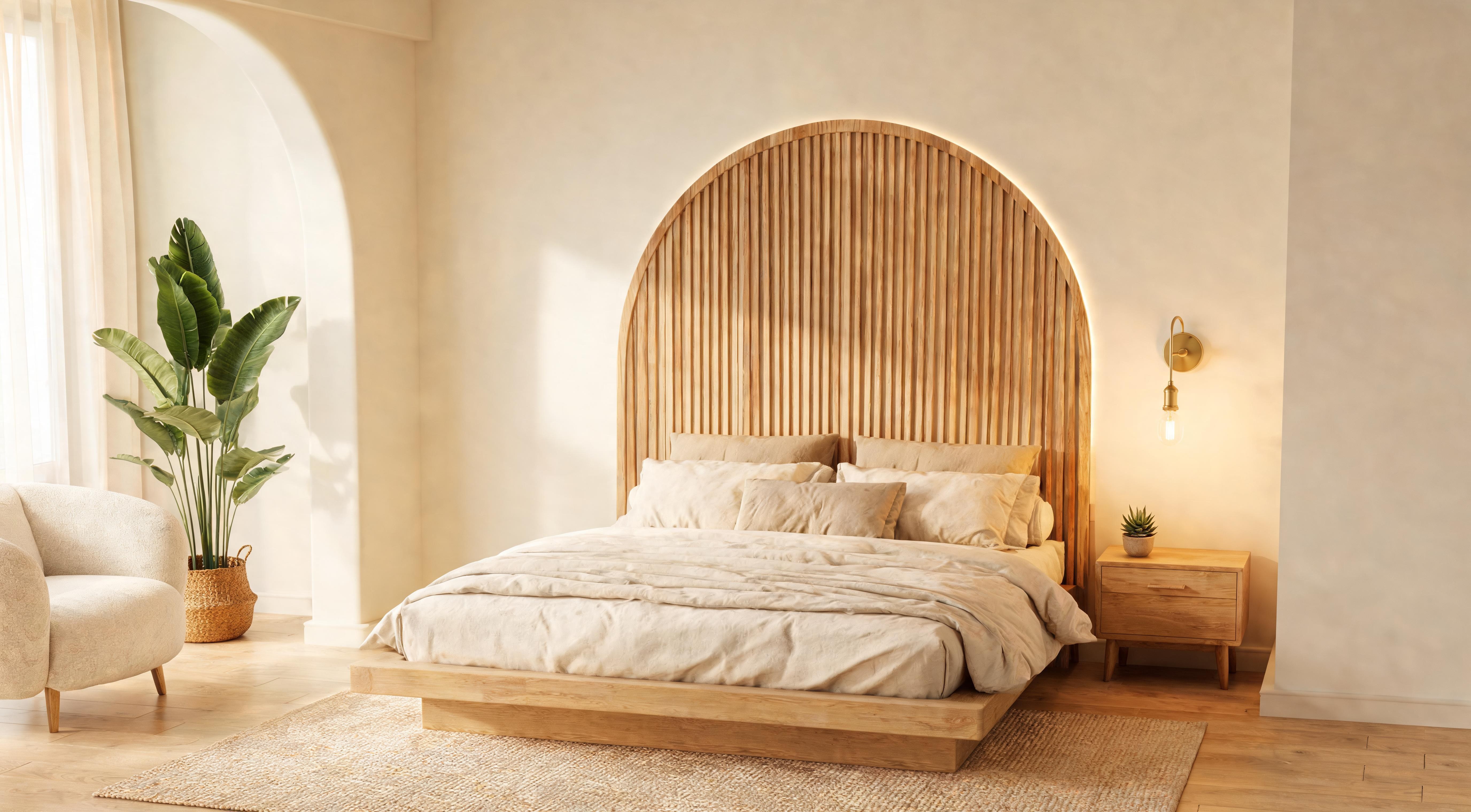 A bedroom with a natural wood arched fluted headboard panel wall, low platform bed, linen bedding and warm side lighting