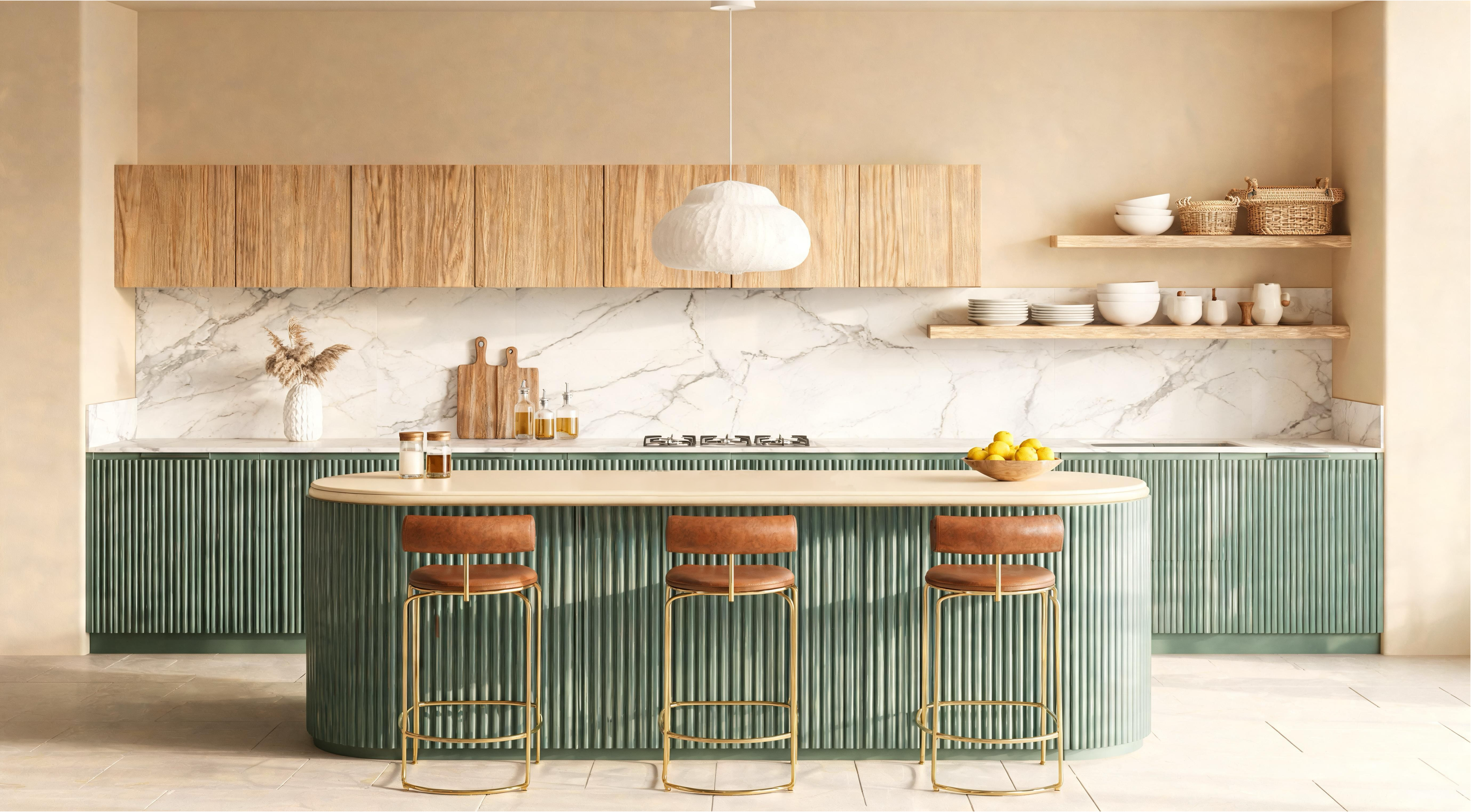 A kitchen with a green fluted island, bar stools and marble backsplash showing the furniture-quality effect of ribbed panel cladding