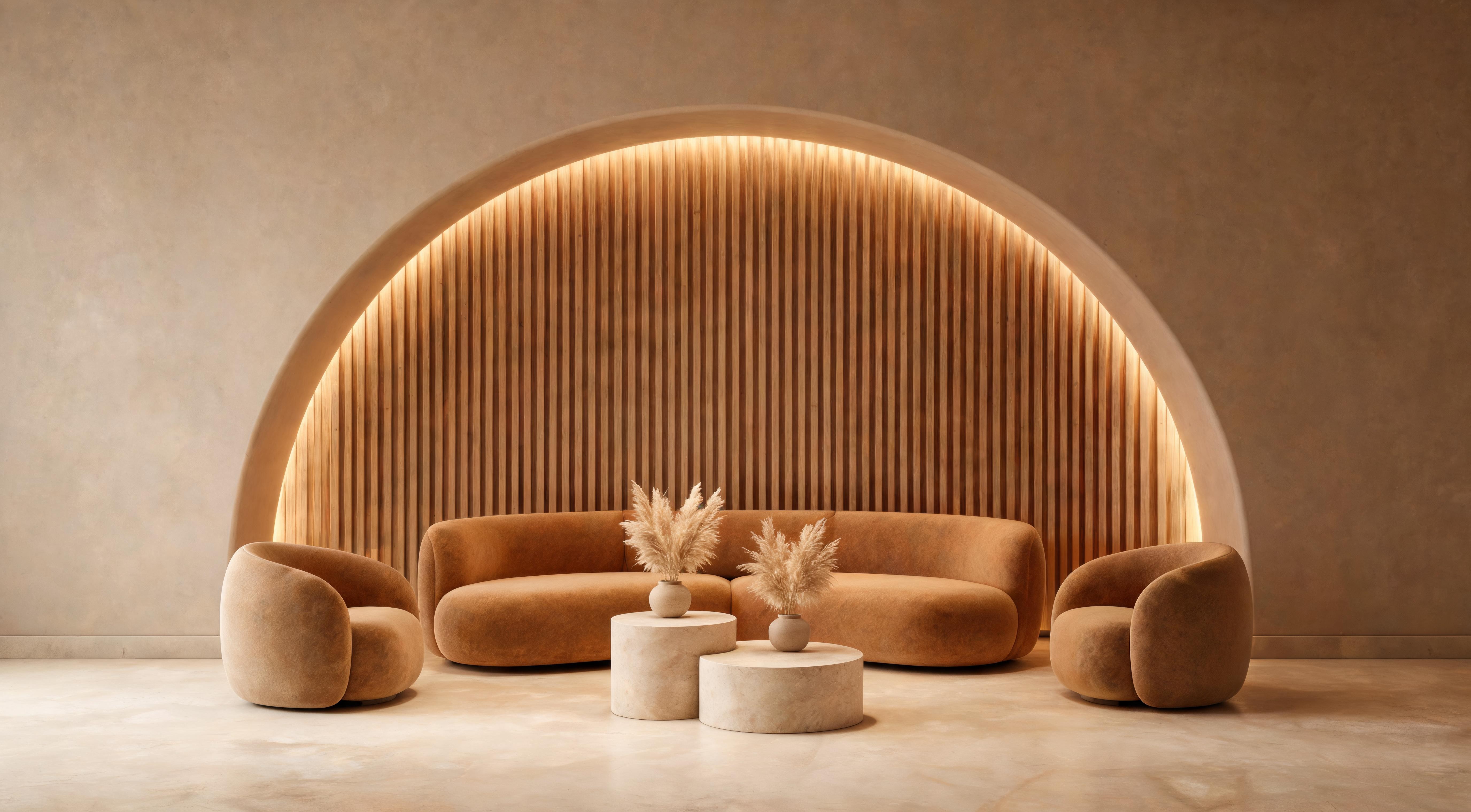 A living room with an arched alcove lined in vertical fluted wood panels, backlit from behind, with a curved sofa and pampas grass arrangement