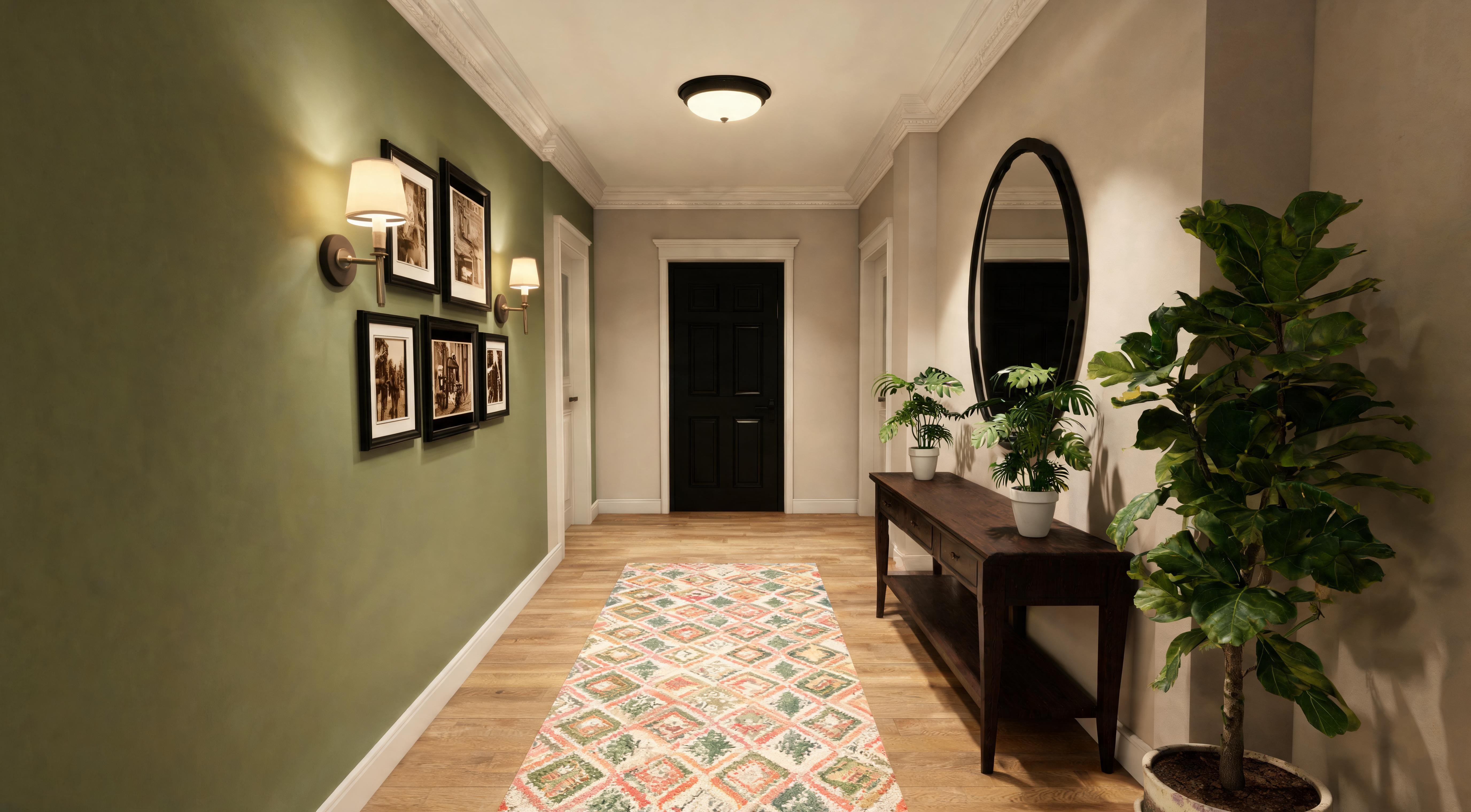 A hallway with a sage green accent wall, fabric wall sconces, dark console table with oval mirror above and plants