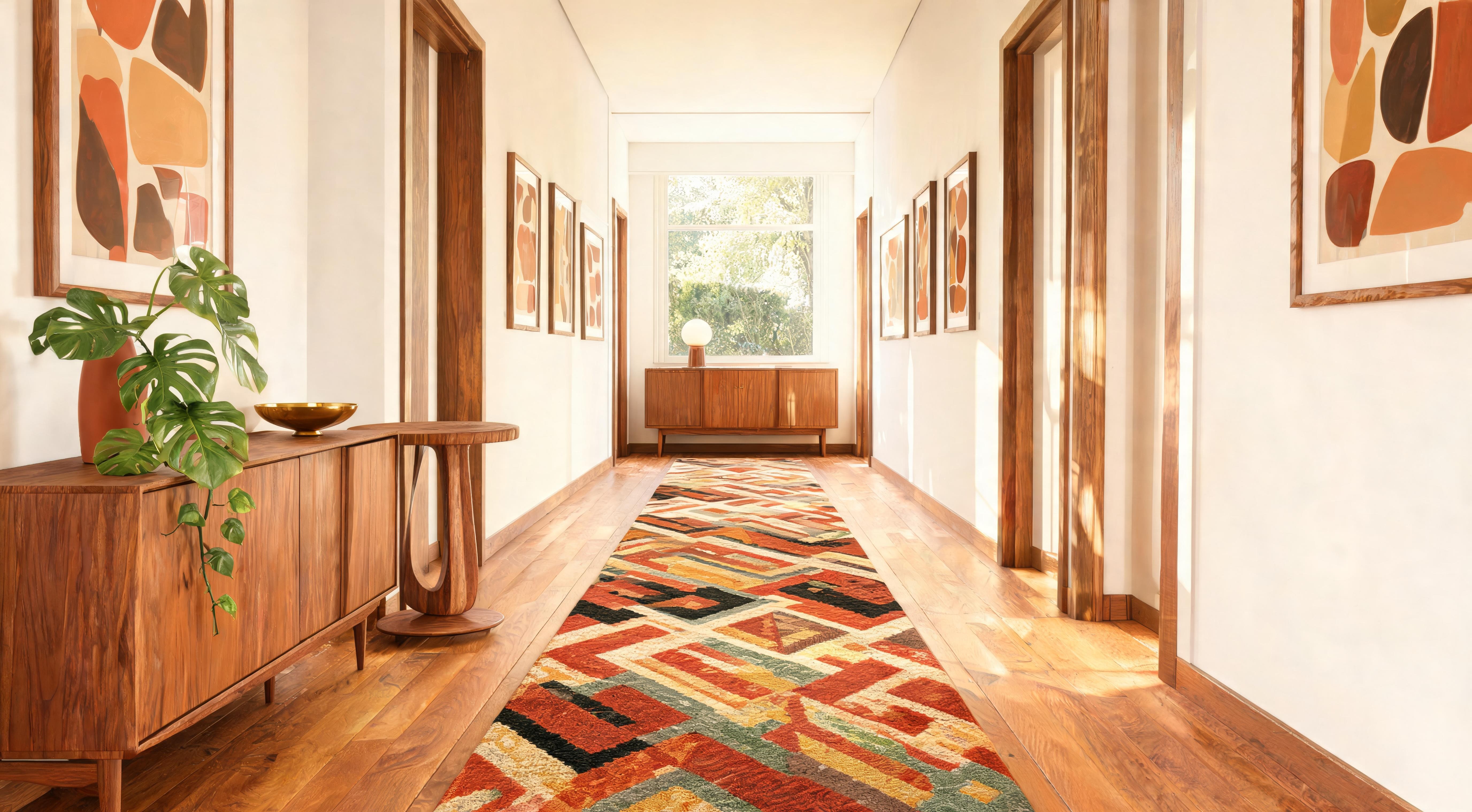 A mid-century hallway with a walnut console, abstract artwork, bold geometric runner rug and natural light from the far window
