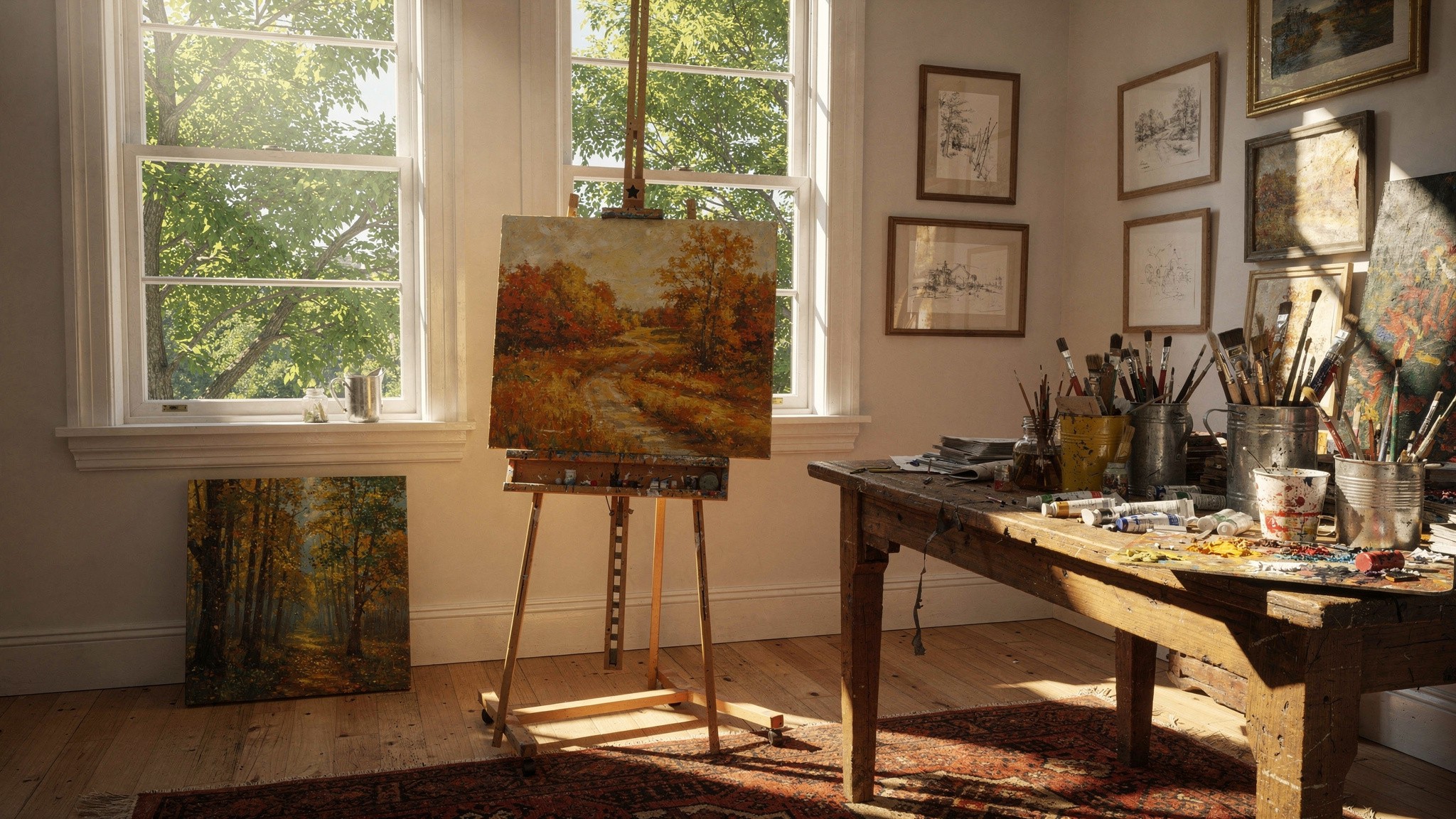 A sunlit corner with an easel holding a landscape painting in progress, framed prints grouped on the wall, and a work table with paint jars