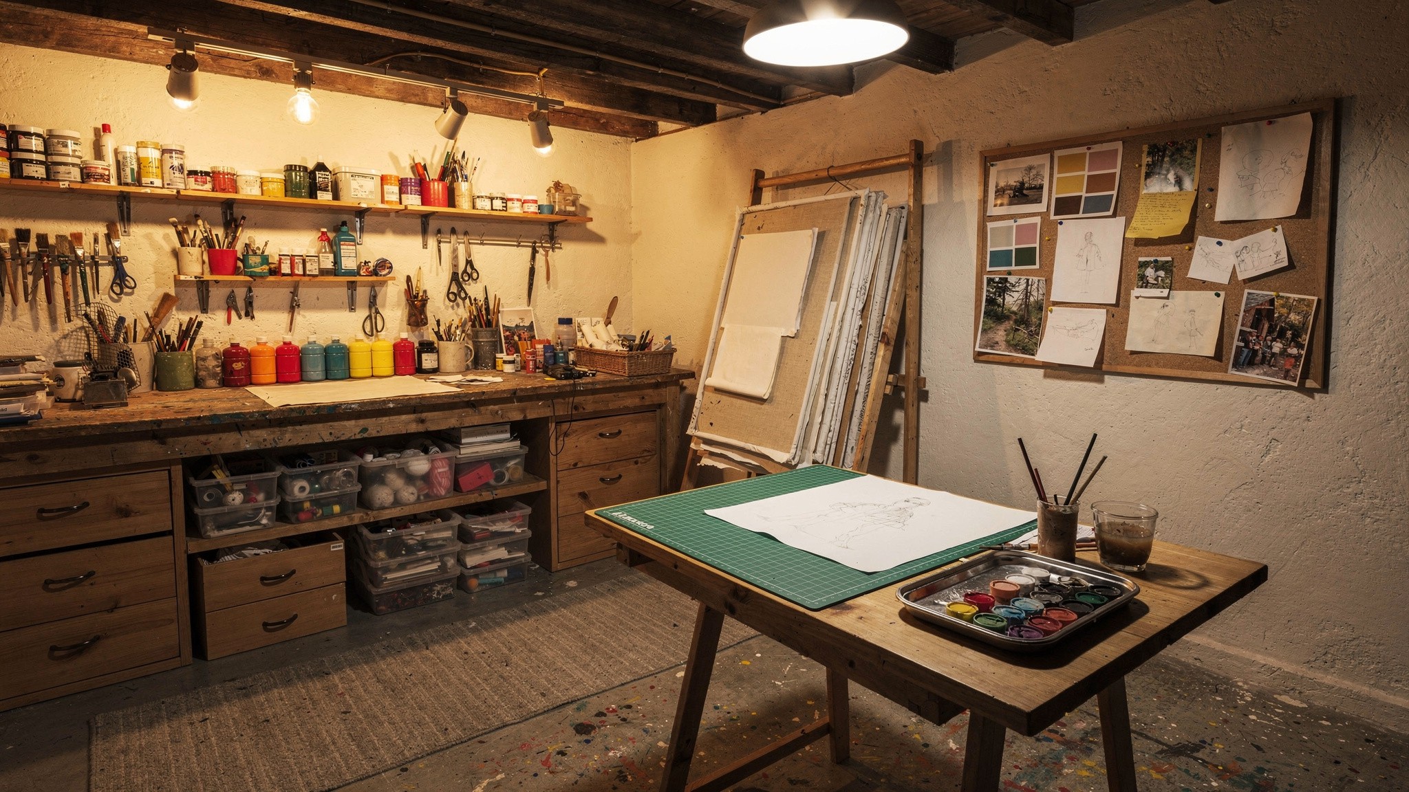 A craft corner at night lit by a warm directional task lamp, with a pegboard of tools and an easel holding a blank canvas