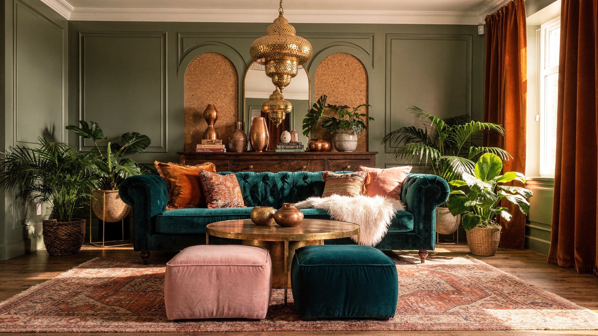 A teal velvet sofa styled beneath a brass Moroccan-style pendant light, framed by arched wall niches and terracotta curtains