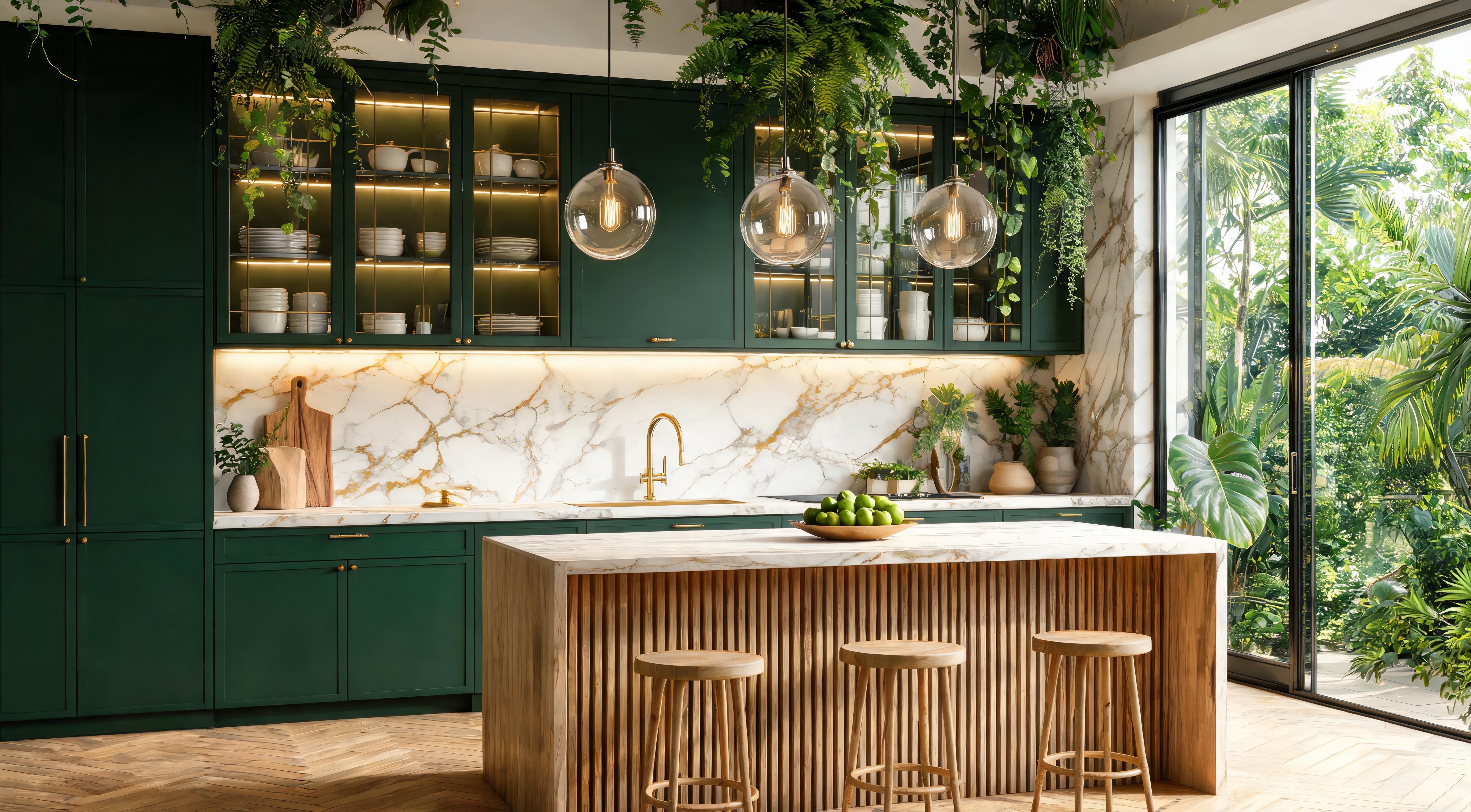 A kitchen with a contrasting forest green island, white upper cabinets and a marble worktop