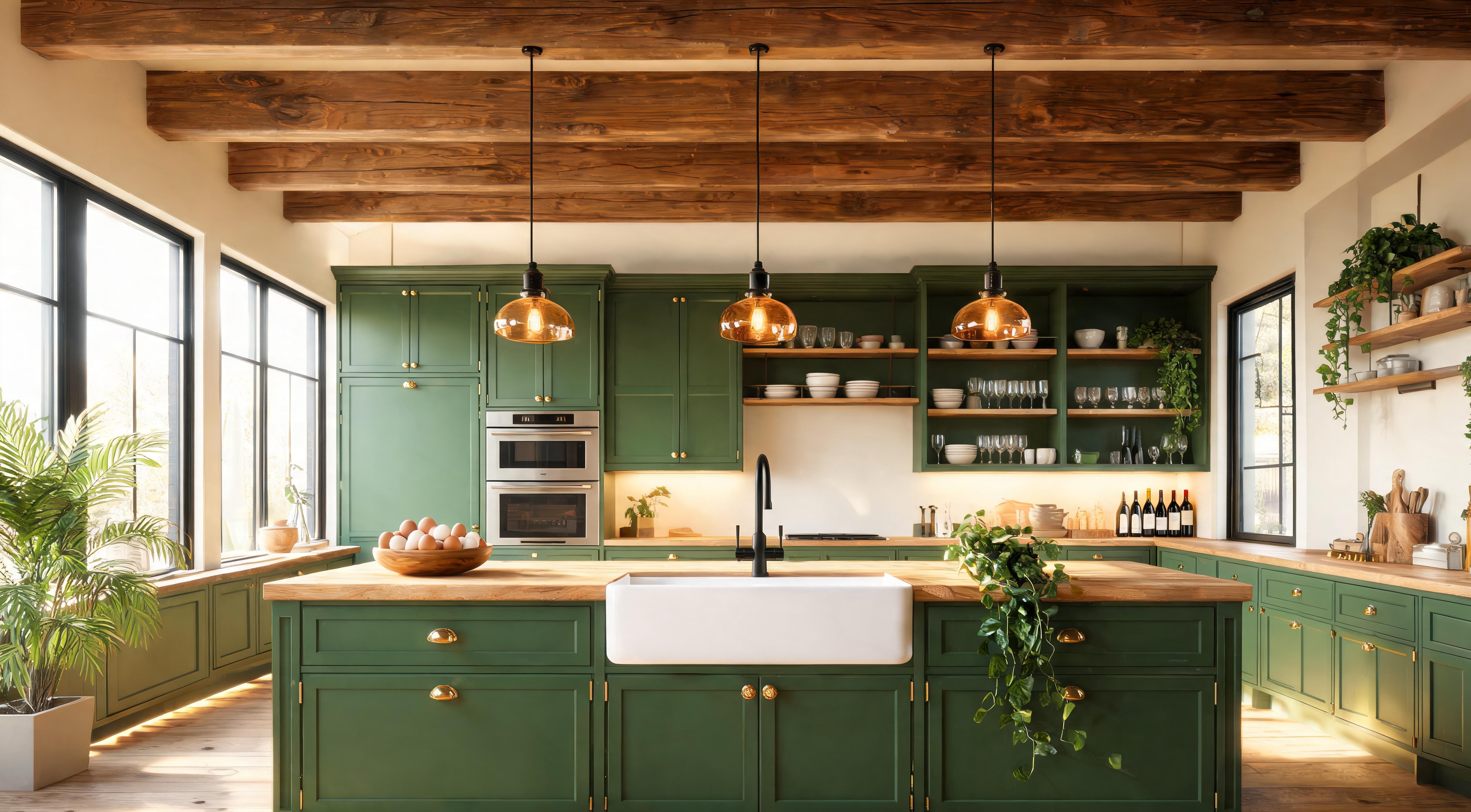 A freestanding kitchen island in a bright kitchen with room to move on all sides