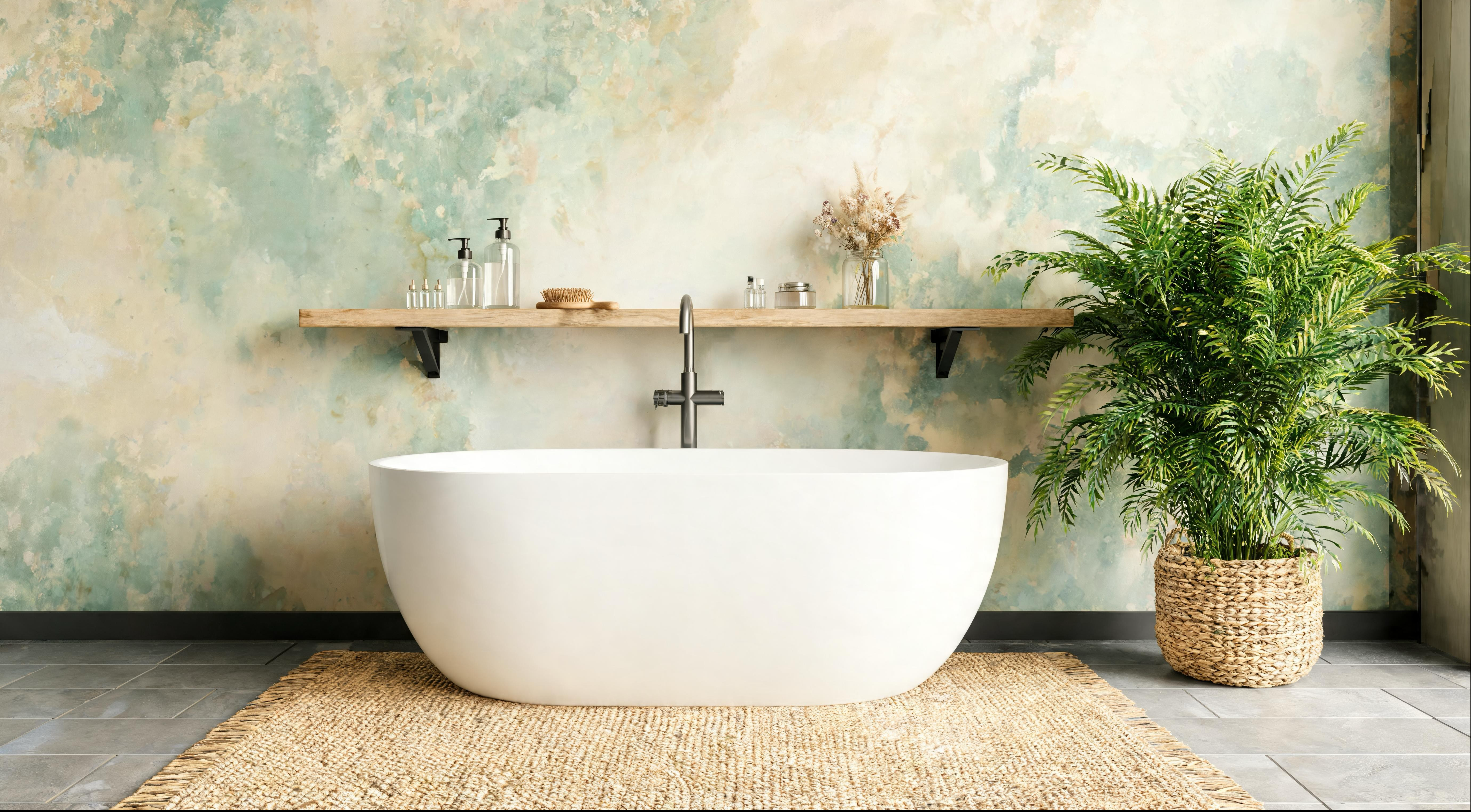 A bathroom with blue-green limewash walls showing the cloudy, layered texture of the finish in a wet-room context