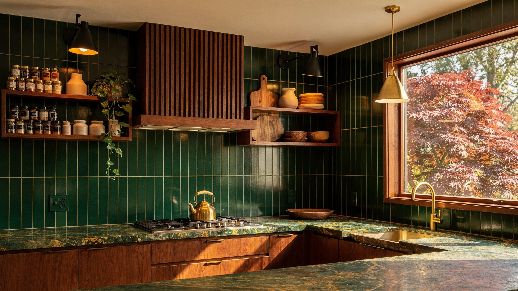 A kitchen with white oak cabinets, black-stained open shelving and a walnut chopping board on the counter — three wood tones anchored by black metal hardware