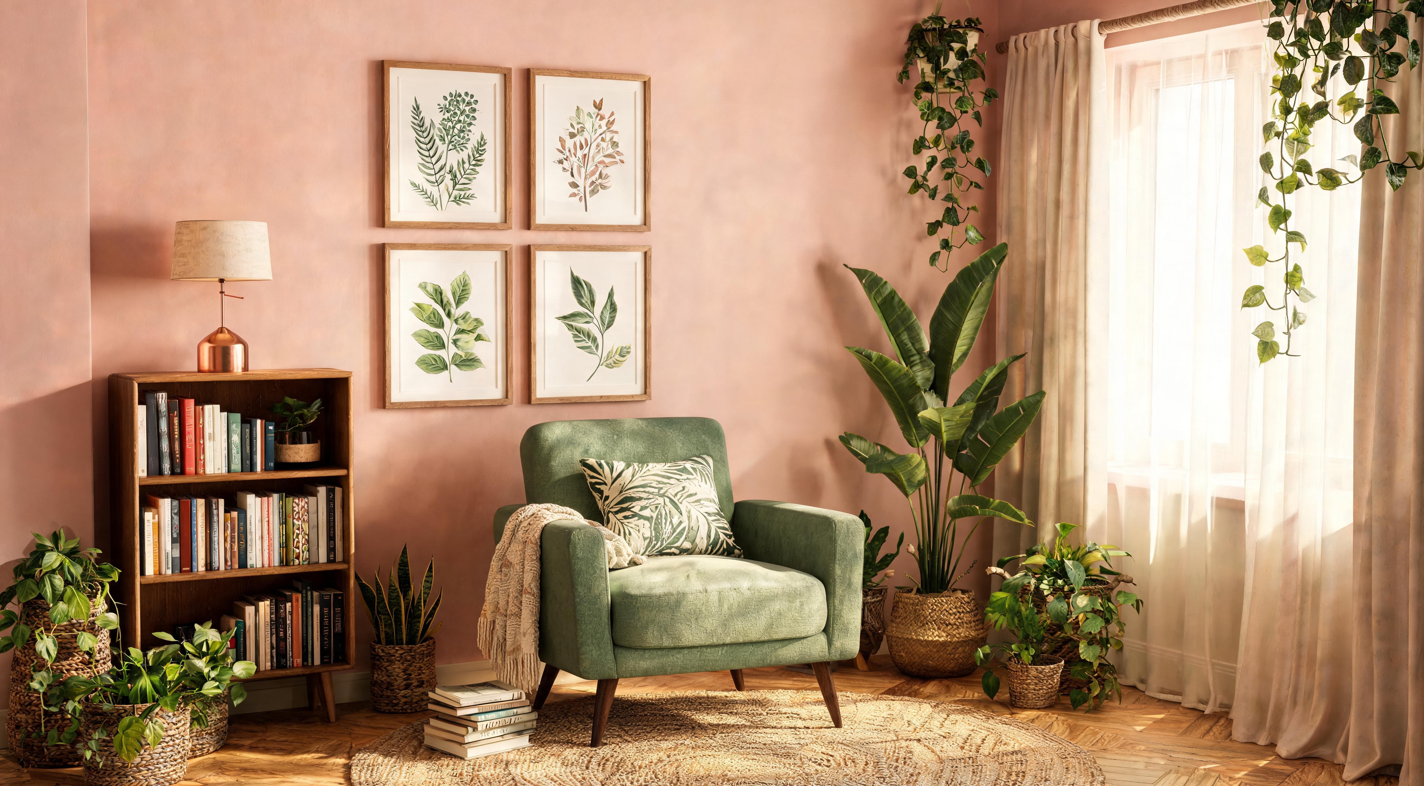 A built-in window seat reading nook with linen cushions, a small side table and afternoon light
