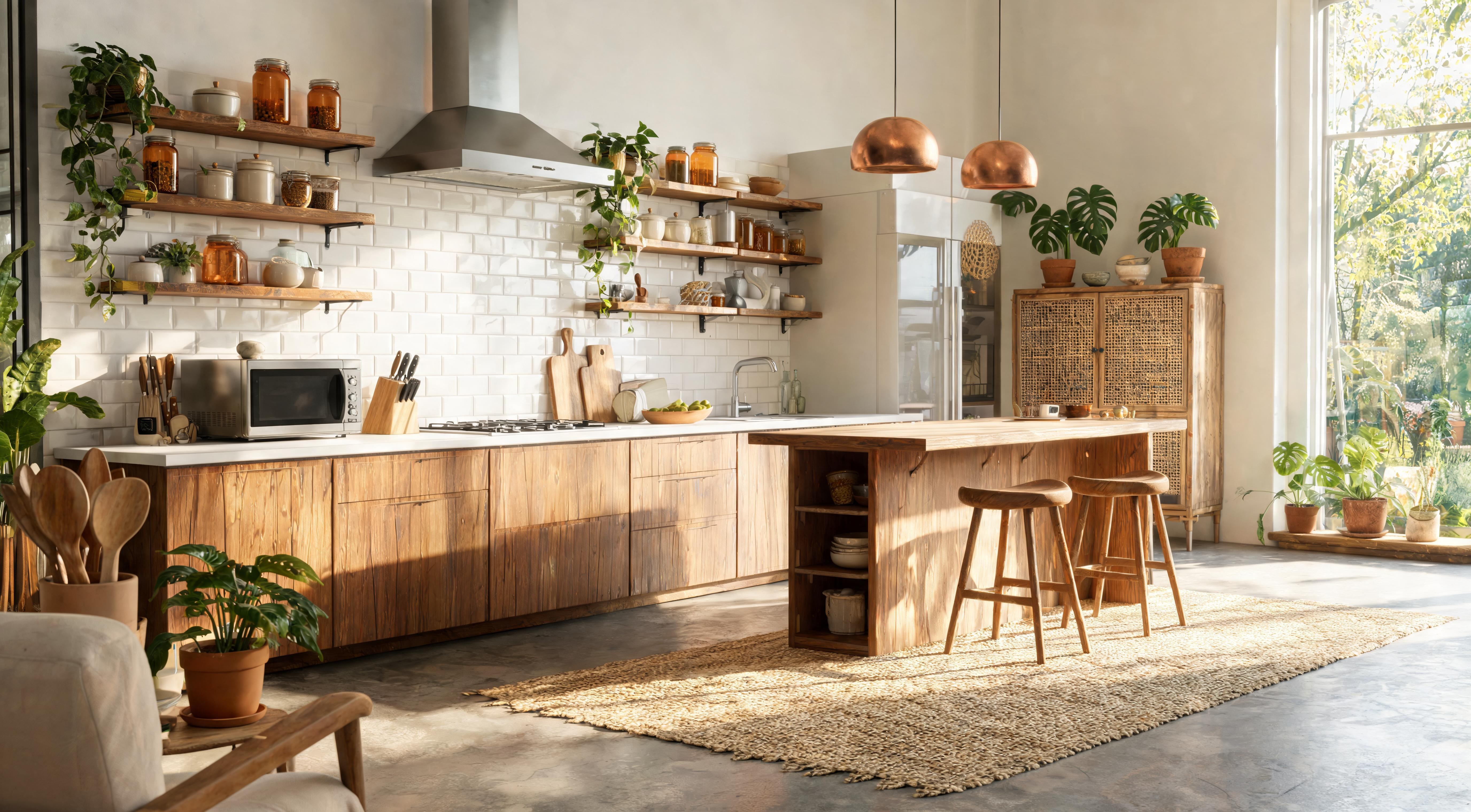 A rental kitchen with new cabinet handles, a coffee station and a styled open shelf
