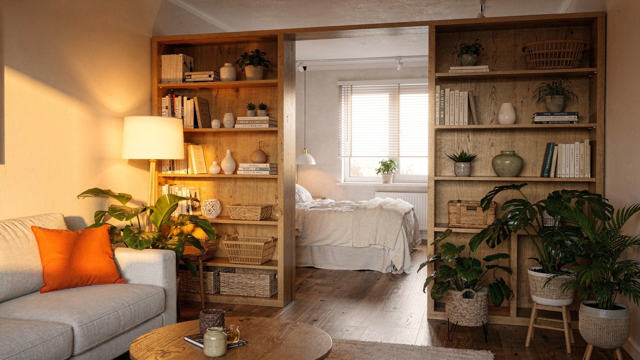 A tall freestanding bookshelf built into a wall opening, dividing a bedroom nook from the living room while still functioning as storage