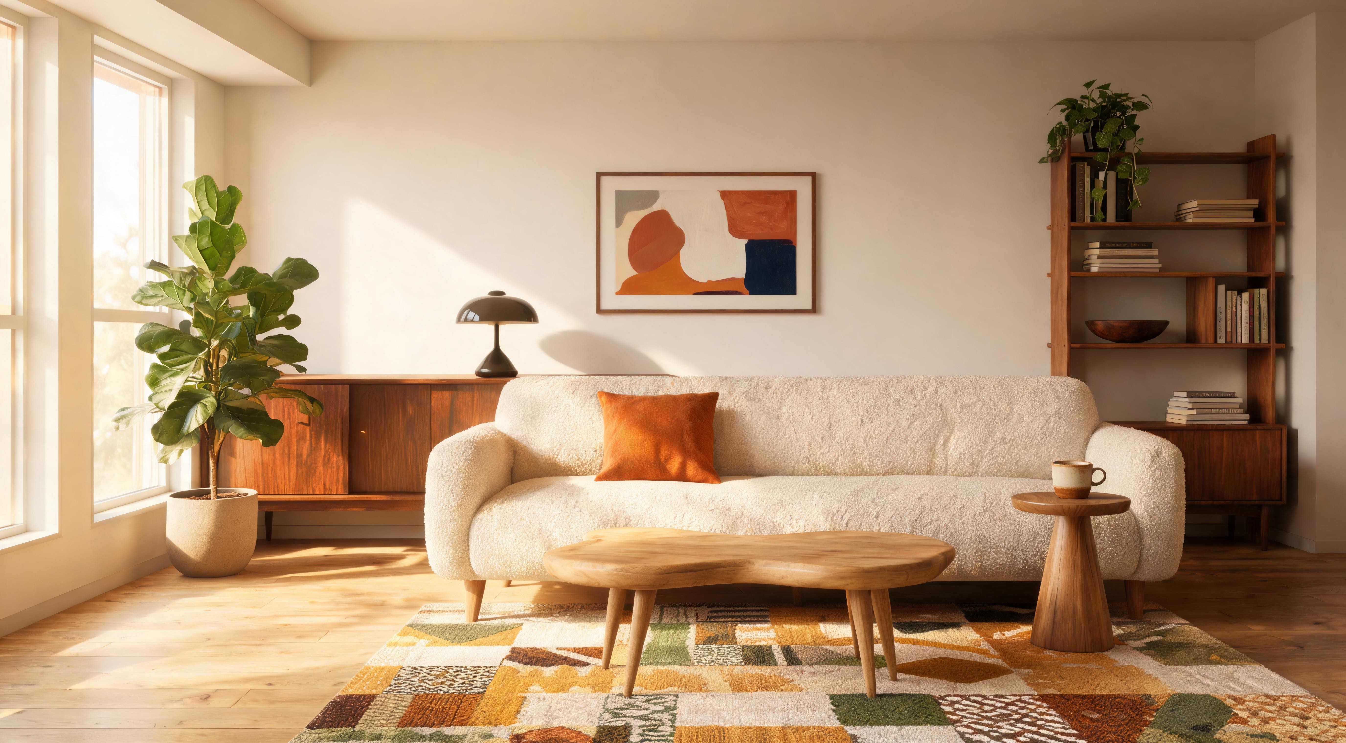 A well-proportioned sofa in a living room with visible space around it showing the correct sofa-to-room ratio